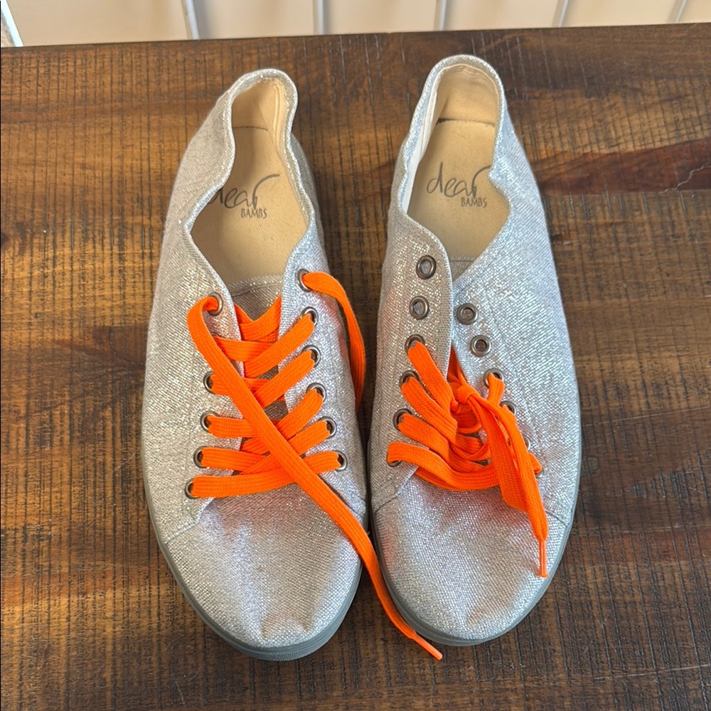 NEW Silver Glitter Sneakers with Neon Orange Laces